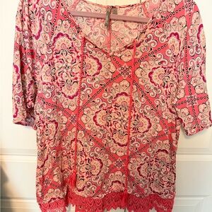 New Directions Pink and Red Patterned Blouse